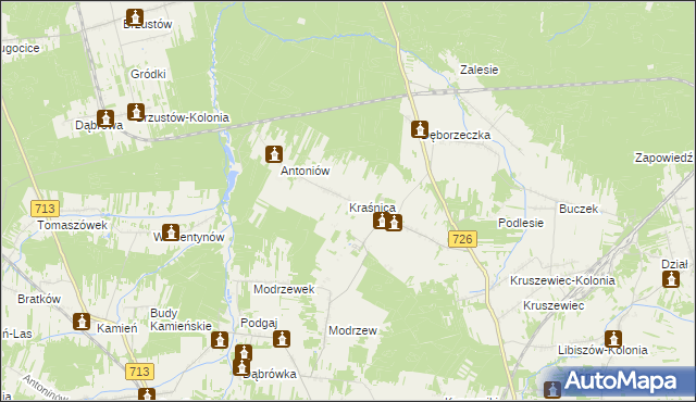 mapa Kraśnica gmina Opoczno, Kraśnica gmina Opoczno na mapie Targeo