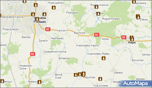 mapa Krasnodęby-Kasmy, Krasnodęby-Kasmy na mapie Targeo