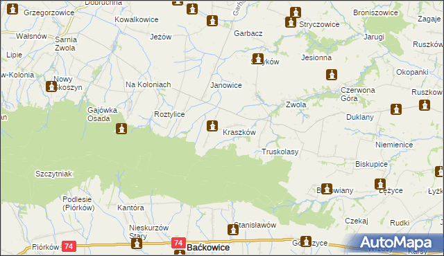 mapa Kraszków gmina Waśniów, Kraszków gmina Waśniów na mapie Targeo