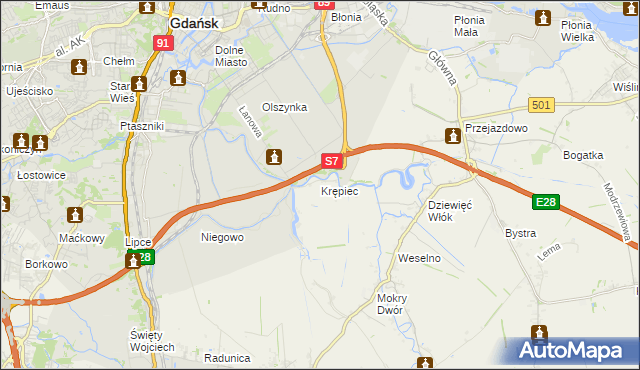 mapa Krępiec gmina Pruszcz Gdański, Krępiec gmina Pruszcz Gdański na mapie Targeo