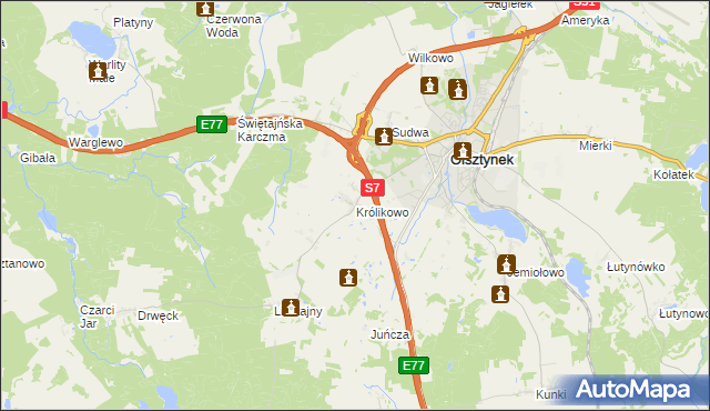 mapa Królikowo gmina Olsztynek, Królikowo gmina Olsztynek na mapie Targeo