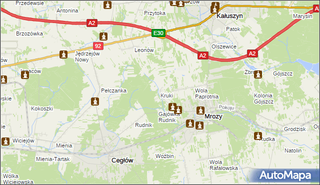 mapa Kruki gmina Mrozy, Kruki gmina Mrozy na mapie Targeo