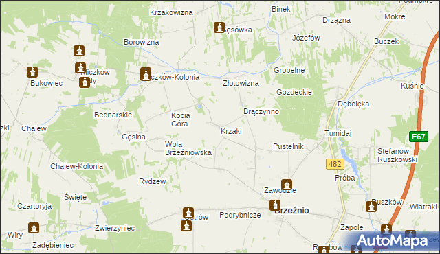 mapa Krzaki gmina Brzeźnio, Krzaki gmina Brzeźnio na mapie Targeo