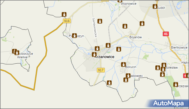 mapa Krzanowice powiat raciborski, Krzanowice powiat raciborski na mapie Targeo