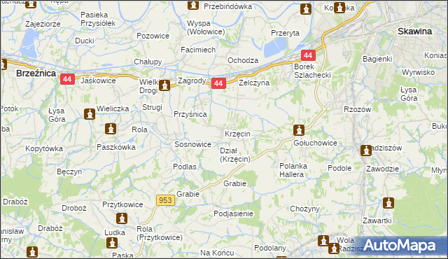 mapa Krzęcin gmina Skawina, Krzęcin gmina Skawina na mapie Targeo