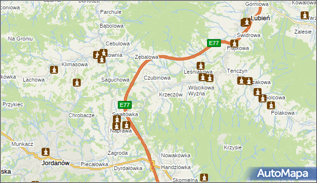 mapa Krzeczów gmina Lubień, Krzeczów gmina Lubień na mapie Targeo