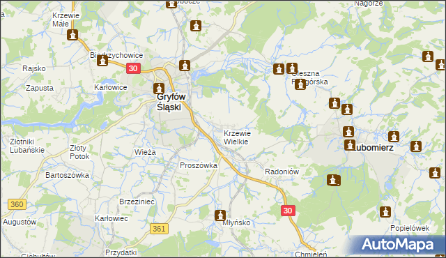 mapa Krzewie Wielkie, Krzewie Wielkie na mapie Targeo