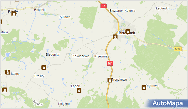 mapa Krzewina gmina Bisztynek, Krzewina gmina Bisztynek na mapie Targeo