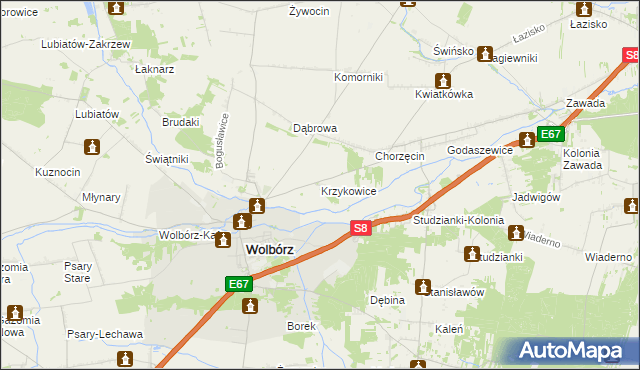 mapa Krzykowice gmina Wolbórz, Krzykowice gmina Wolbórz na mapie Targeo