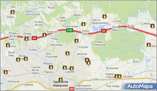 mapa Krzywa gmina Sędziszów Małopolski, Krzywa gmina Sędziszów Małopolski na mapie Targeo