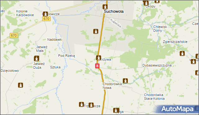 mapa Krzywa gmina Suchowola, Krzywa gmina Suchowola na mapie Targeo