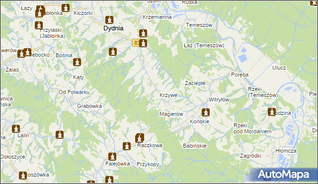 mapa Krzywe gmina Dydnia, Krzywe gmina Dydnia na mapie Targeo