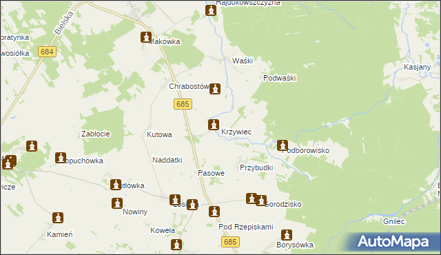 mapa Krzywiec gmina Narew, Krzywiec gmina Narew na mapie Targeo