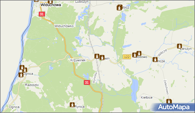 mapa Krzywin gmina Widuchowa, Krzywin gmina Widuchowa na mapie Targeo