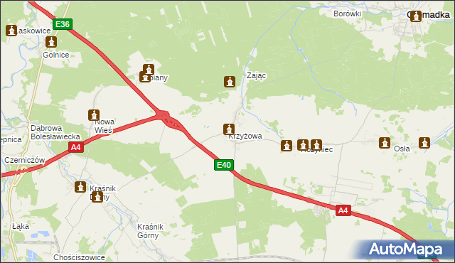 mapa Krzyżowa gmina Gromadka, Krzyżowa gmina Gromadka na mapie Targeo