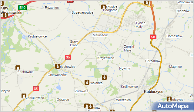 mapa Krzyżowice gmina Kobierzyce, Krzyżowice gmina Kobierzyce na mapie Targeo