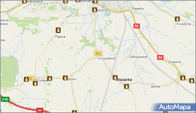 mapa Krzyżowice gmina Olszanka, Krzyżowice gmina Olszanka na mapie Targeo