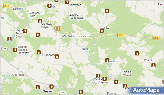 mapa Kunki gmina Susiec, Kunki gmina Susiec na mapie Targeo