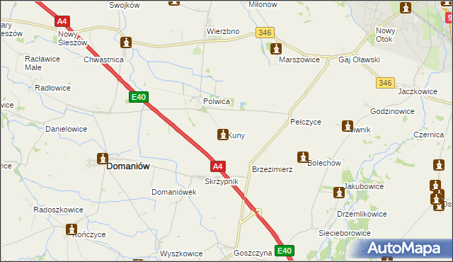 mapa Kuny gmina Domaniów, Kuny gmina Domaniów na mapie Targeo