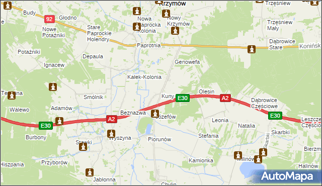 mapa Kuny gmina Władysławów, Kuny gmina Władysławów na mapie Targeo