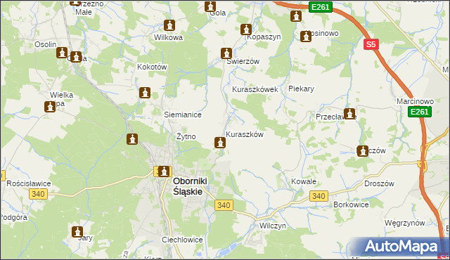 mapa Kuraszków gmina Oborniki Śląskie, Kuraszków gmina Oborniki Śląskie na mapie Targeo