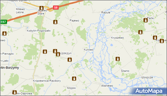 mapa Kurowo gmina Kobylin-Borzymy, Kurowo gmina Kobylin-Borzymy na mapie Targeo