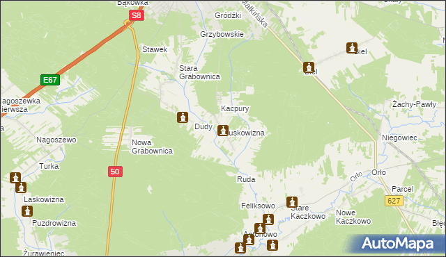 mapa Kuskowizna gmina Ostrów Mazowiecka, Kuskowizna gmina Ostrów Mazowiecka na mapie Targeo