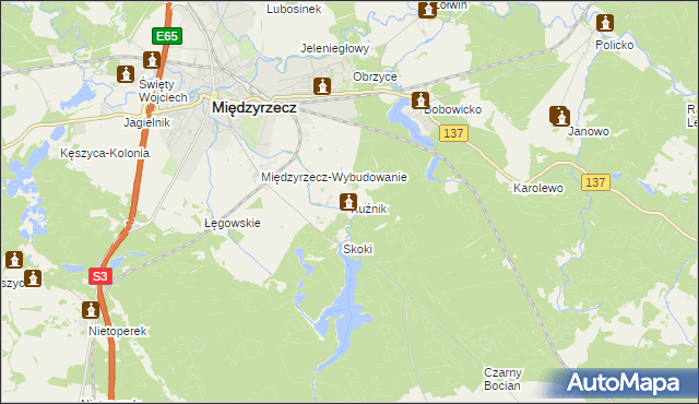 mapa Kuźnik gmina Międzyrzecz, Kuźnik gmina Międzyrzecz na mapie Targeo