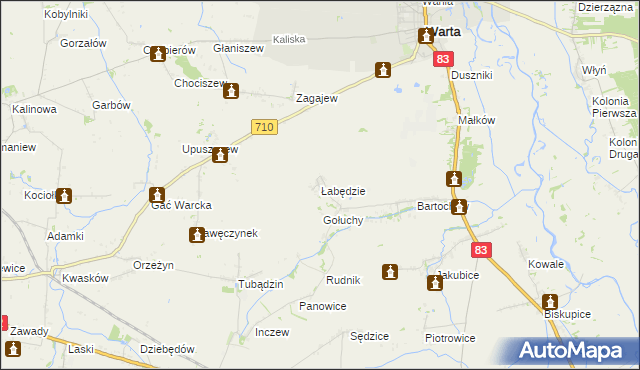 mapa Łabędzie gmina Warta, Łabędzie gmina Warta na mapie Targeo