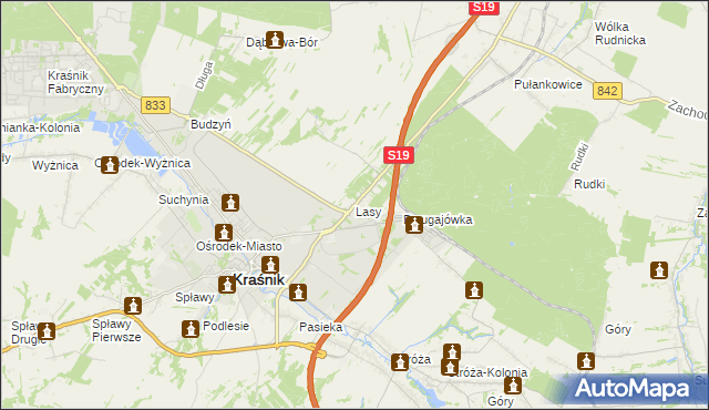 mapa Lasy gmina Kraśnik, Lasy gmina Kraśnik na mapie Targeo