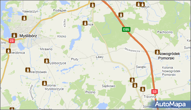 mapa Ławy gmina Myślibórz, Ławy gmina Myślibórz na mapie Targeo