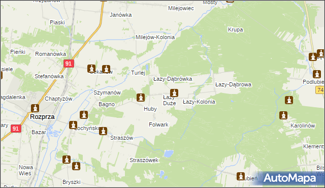 mapa Łazy Duże gmina Rozprza, Łazy Duże gmina Rozprza na mapie Targeo