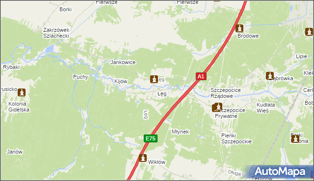 mapa Łęg gmina Kruszyna, Łęg gmina Kruszyna na mapie Targeo