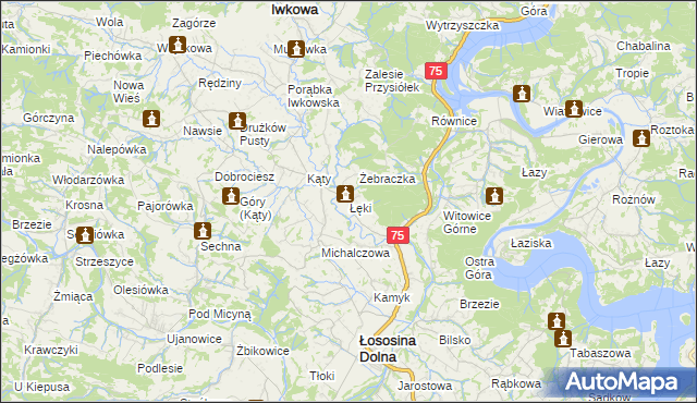 mapa Łęki gmina Łososina Dolna, Łęki gmina Łososina Dolna na mapie Targeo