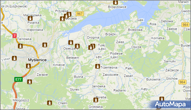 mapa Łęki gmina Myślenice, Łęki gmina Myślenice na mapie Targeo