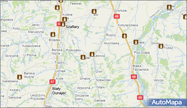 mapa Leśnica gmina Bukowina Tatrzańska, Leśnica gmina Bukowina Tatrzańska na mapie Targeo