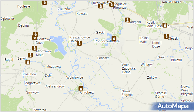 mapa Leszcze gmina Pińczów, Leszcze gmina Pińczów na mapie Targeo