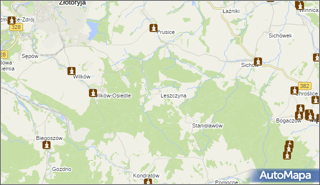 mapa Leszczyna gmina Złotoryja, Leszczyna gmina Złotoryja na mapie Targeo