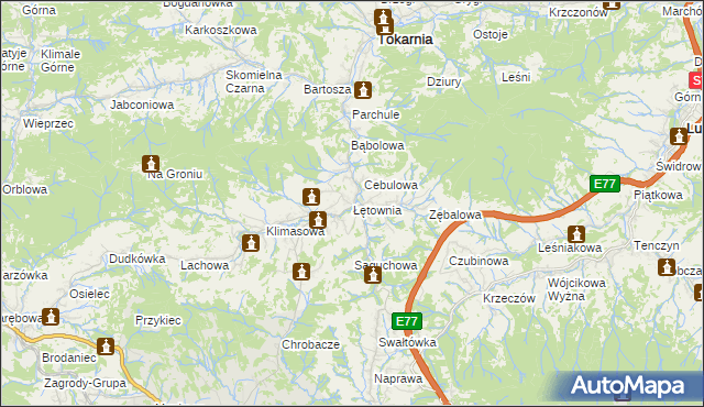 mapa Łętownia gmina Jordanów, Łętownia gmina Jordanów na mapie Targeo