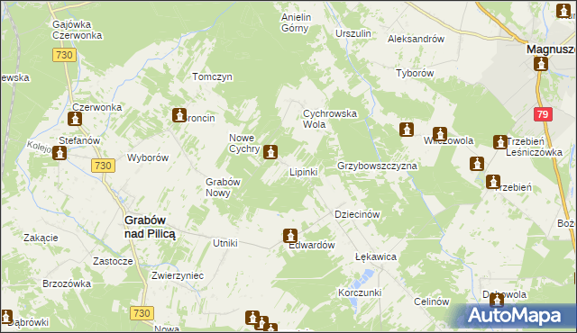 mapa Lipinki gmina Grabów nad Pilicą, Lipinki gmina Grabów nad Pilicą na mapie Targeo