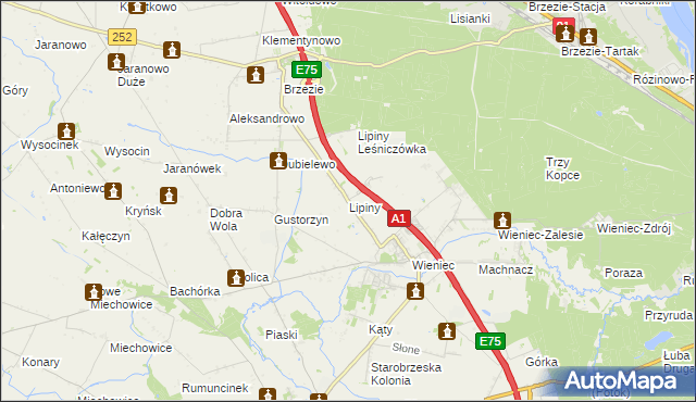 mapa Lipiny gmina Brześć Kujawski, Lipiny gmina Brześć Kujawski na mapie Targeo