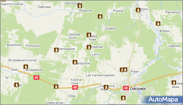 mapa Lipiny gmina Odrzywół, Lipiny gmina Odrzywół na mapie Targeo