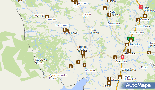 mapa Lipnica Wielka powiat nowotarski, Lipnica Wielka powiat nowotarski na mapie Targeo