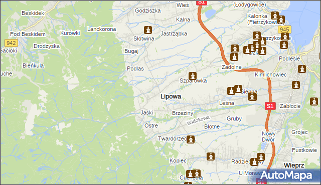 mapa Lipowa powiat żywiecki, Lipowa powiat żywiecki na mapie Targeo