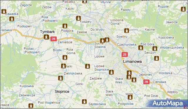 mapa Lipowe gmina Limanowa, Lipowe gmina Limanowa na mapie Targeo