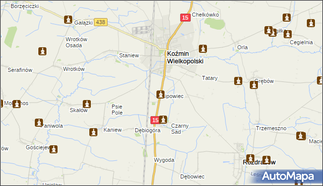 mapa Lipowiec gmina Koźmin Wielkopolski, Lipowiec gmina Koźmin Wielkopolski na mapie Targeo