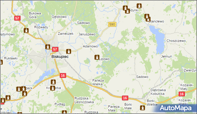 mapa Lipowo gmina Biskupiec, Lipowo gmina Biskupiec na mapie Targeo