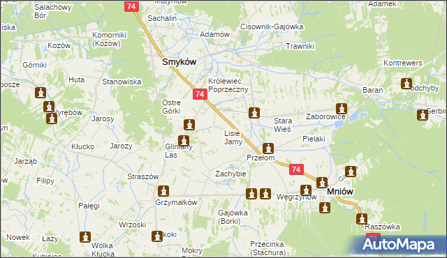 mapa Lisie Jamy gmina Mniów, Lisie Jamy gmina Mniów na mapie Targeo