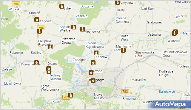 mapa Łobzów gmina Wolbrom, Łobzów gmina Wolbrom na mapie Targeo