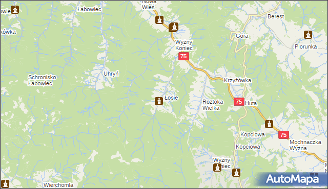 mapa Łosie gmina Łabowa, Łosie gmina Łabowa na mapie Targeo